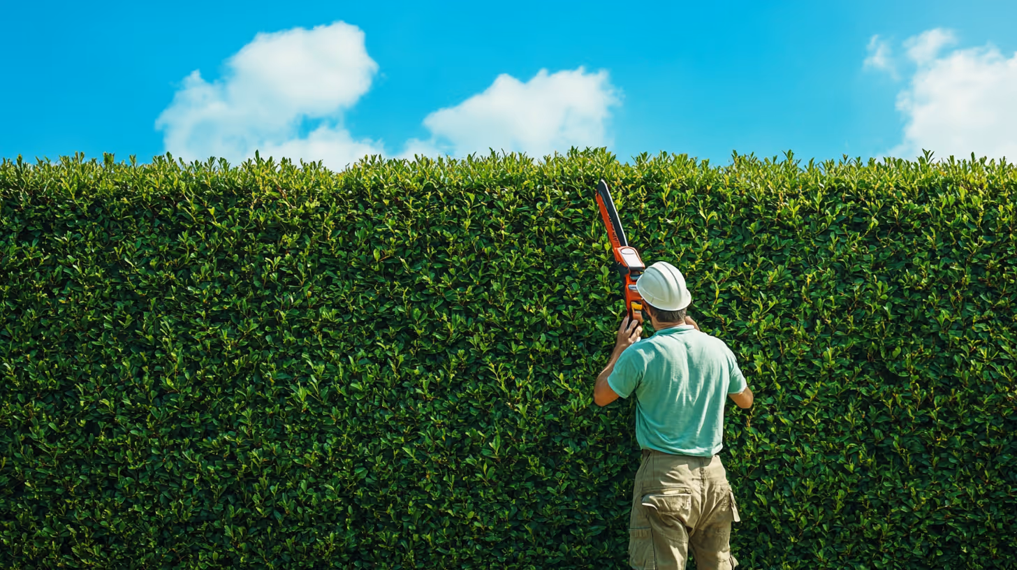 Landscaper neatly trimming a tall hedge on a sunny day.