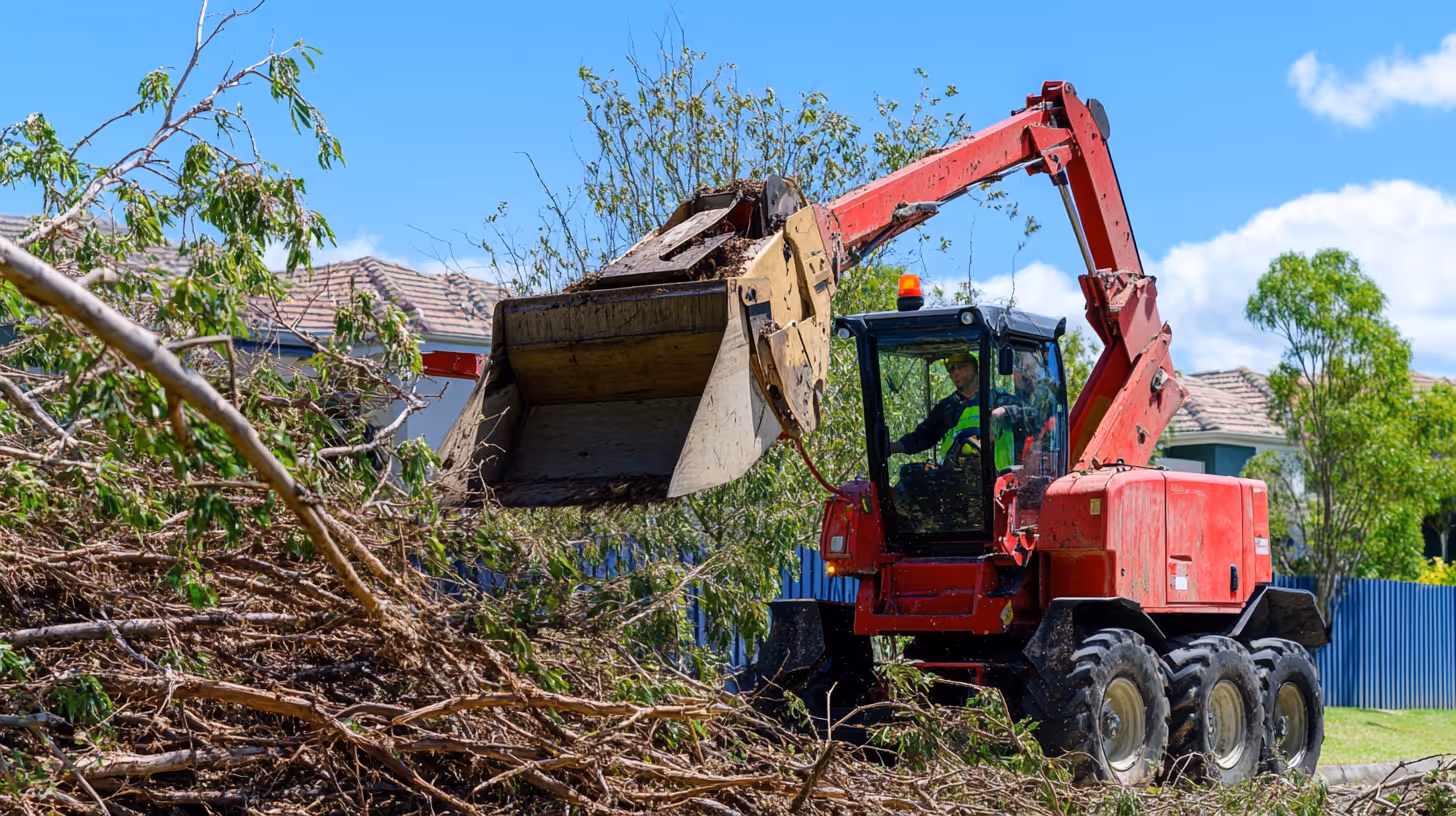 Machinery processing tree branches to prepare for mulching.