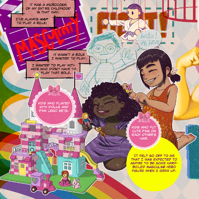 A comic panel showing a small girl building a pink Lego castle and another girl putting cute clips on her hair. Behind them stands a paper cutout of a small boy, invisible to everyone.