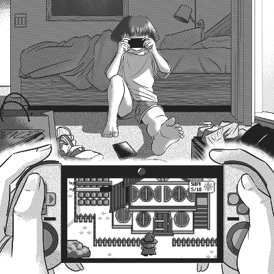A comic panel showing girl playing a handheld console in a hotel room. The console shows a retro pixel game of a witch trying to enter a house.