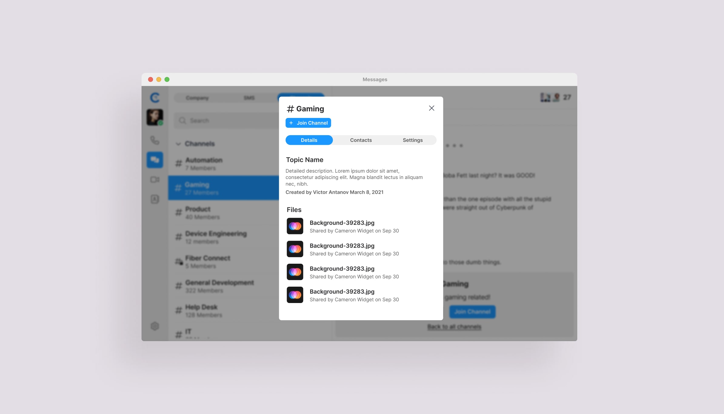 Messaging app interface