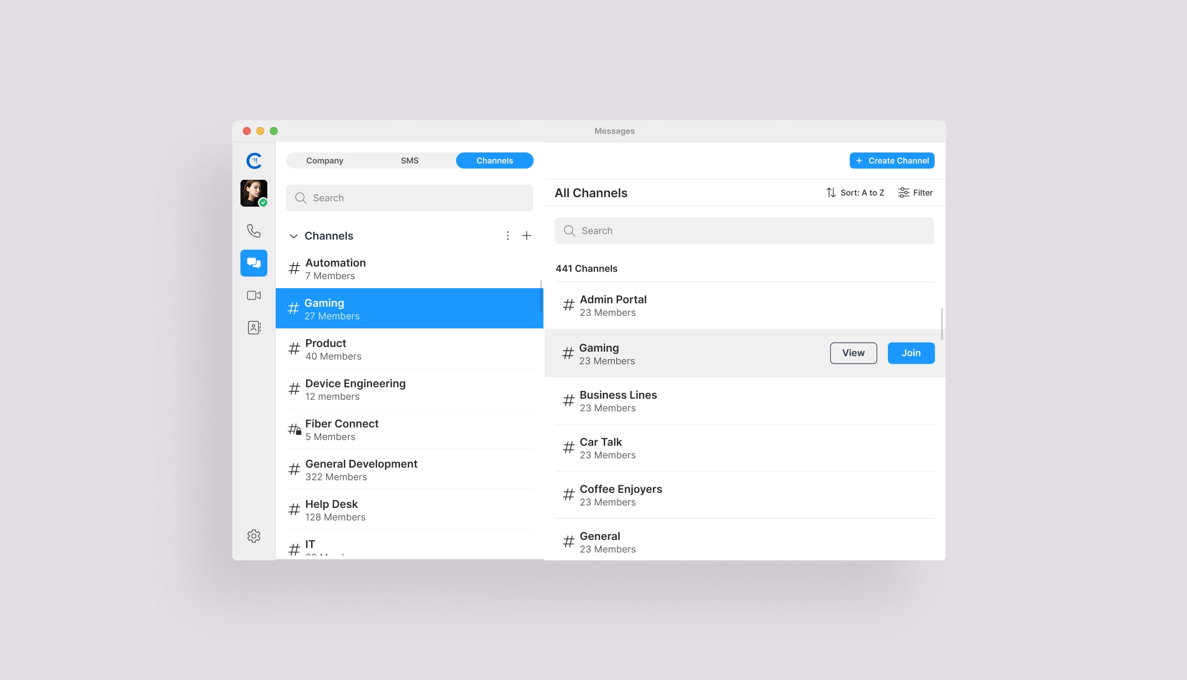 Messaging app interface
