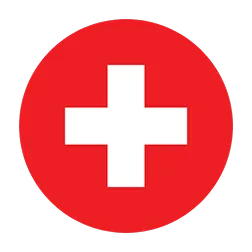 A white cross in a red circle.