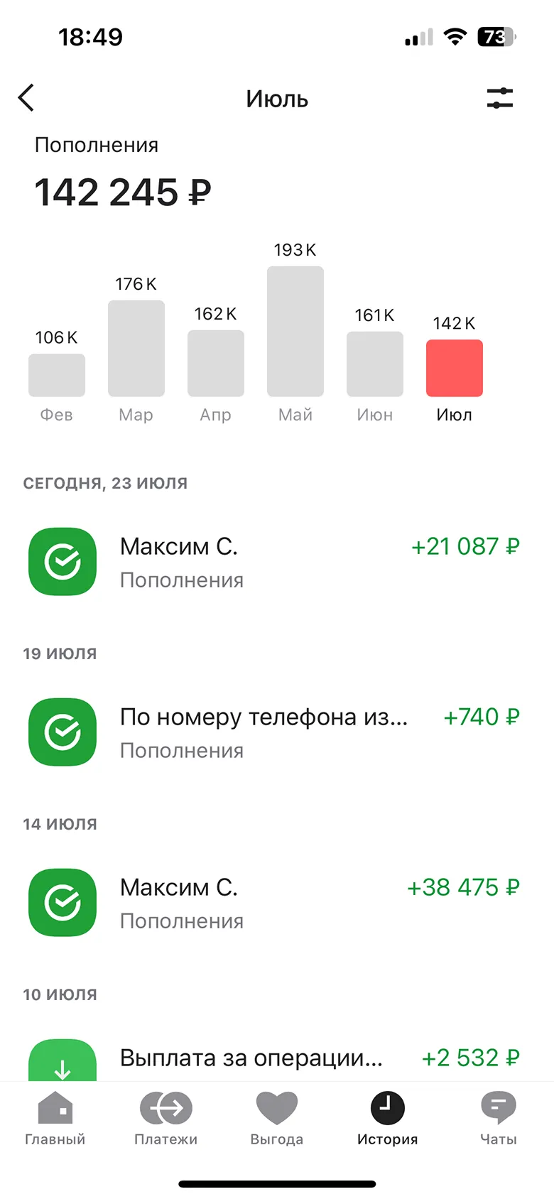 Просмотр доходов за месяц