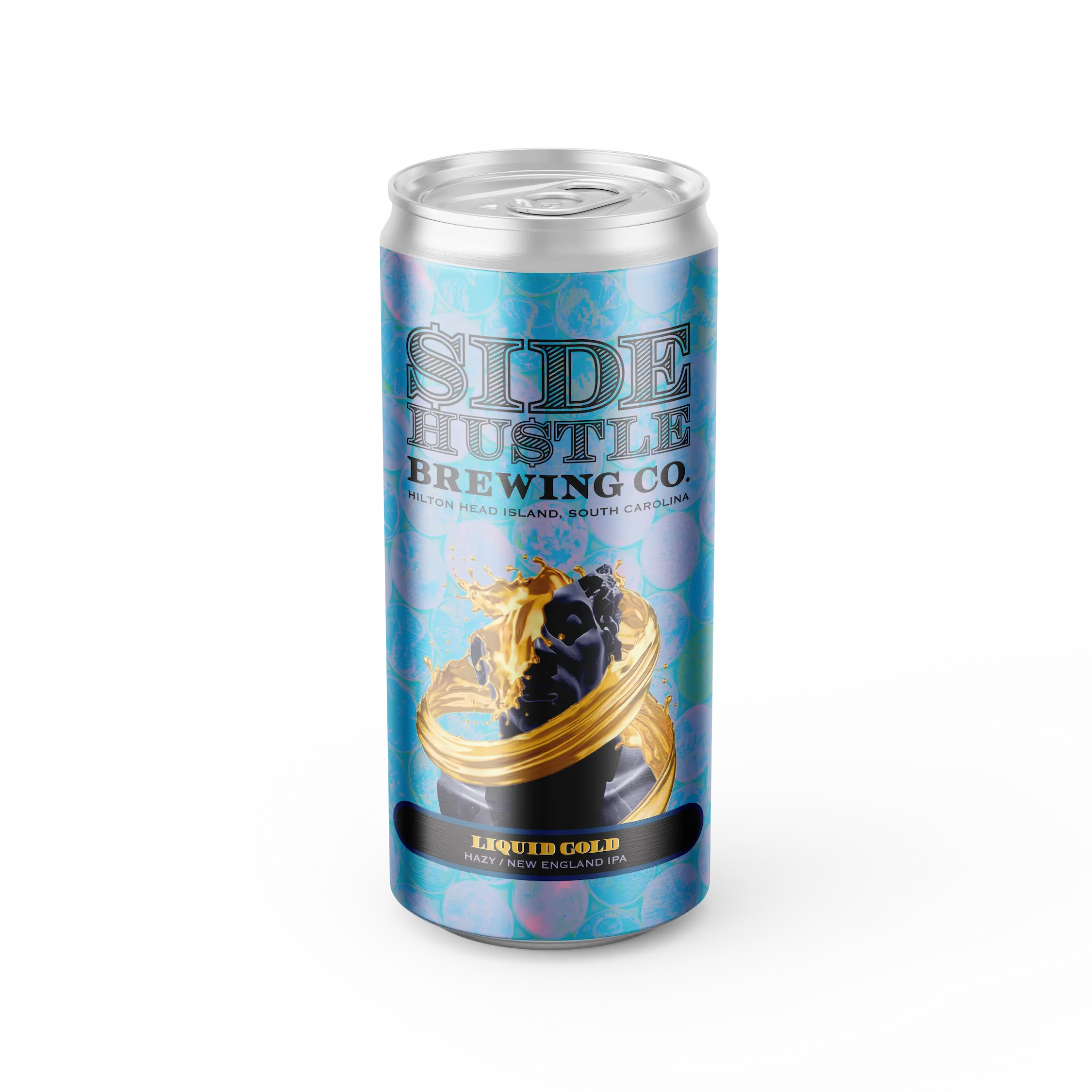 Side Hustle Brewing Co. Liquid Gold hazy New England IPA can, featuring a dynamic splash of gold and dark liquid.