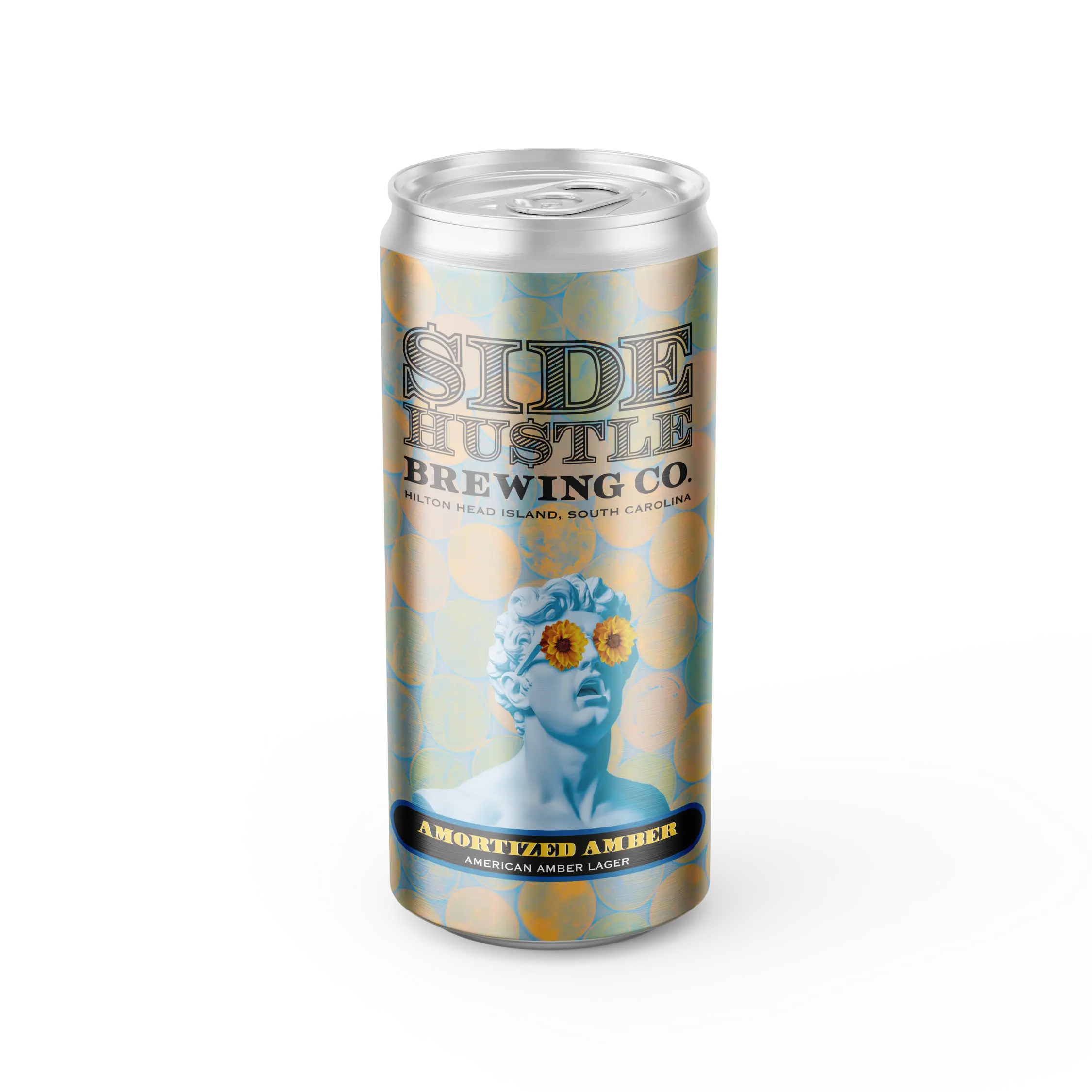 Side Hustle Brewing Co. Amortized Amber American amber lager can, featuring a classical bust wearing sunflowers over its eyes.