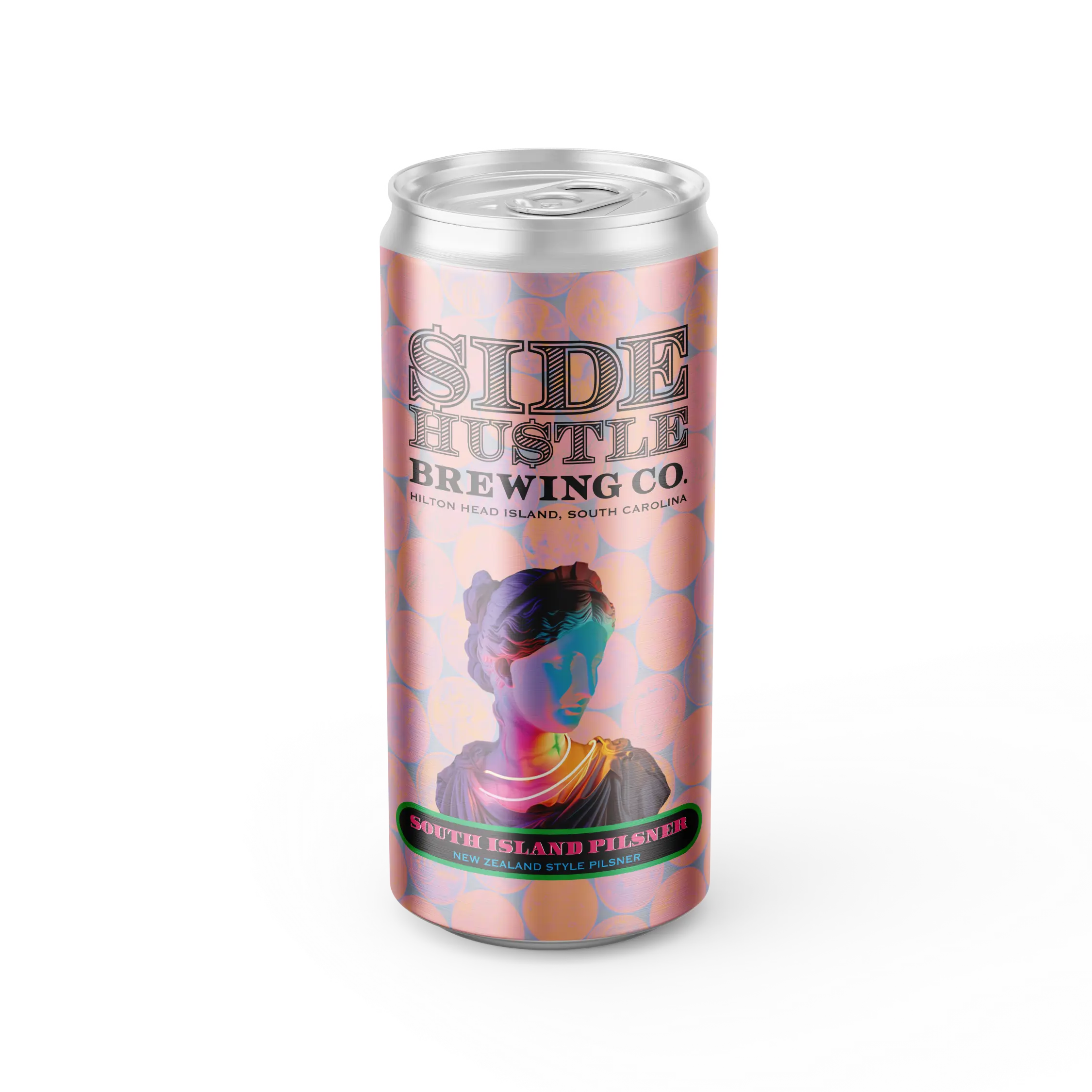Side Hustle Brewing Co. South Island Pilsner New Zealand style pilsner can, featuring a classical bust in neon teal and pink tones.