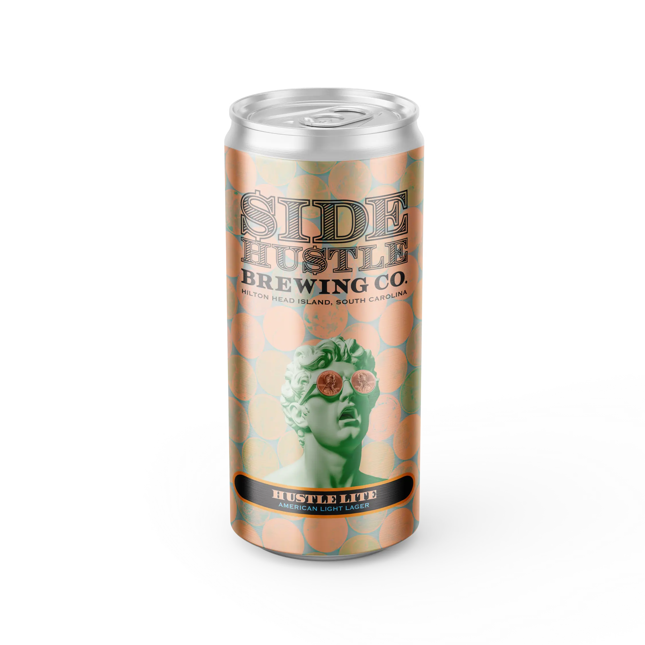 Side Hustle Brewing Co. Hustle Lite American light lager can, featuring a green classical bust wearing penny coins as glasses.