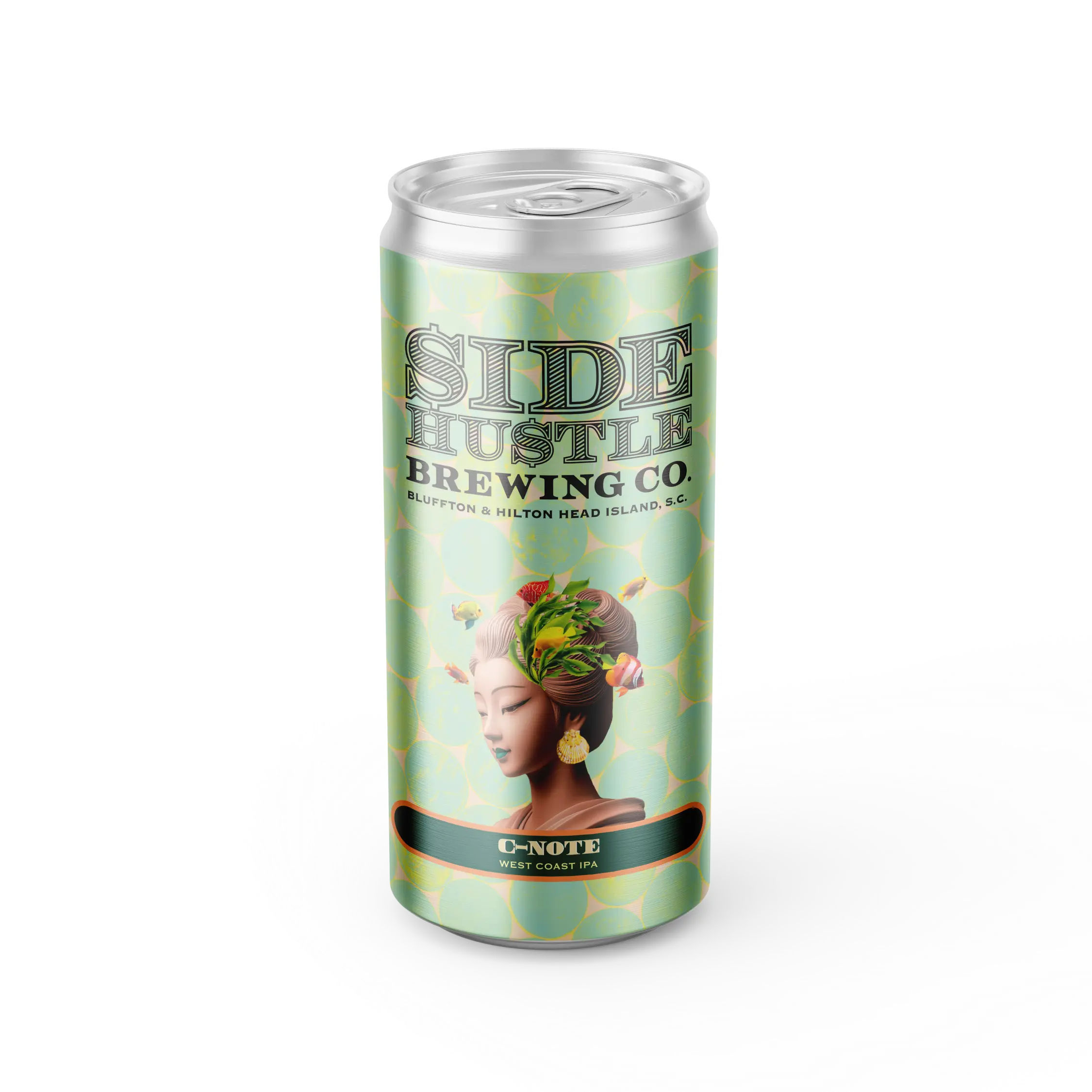 Side Hustle Brewing Co. C-Note West Coast IPA can, featuring a woman with a leafy updo surrounded by tropical fish.
