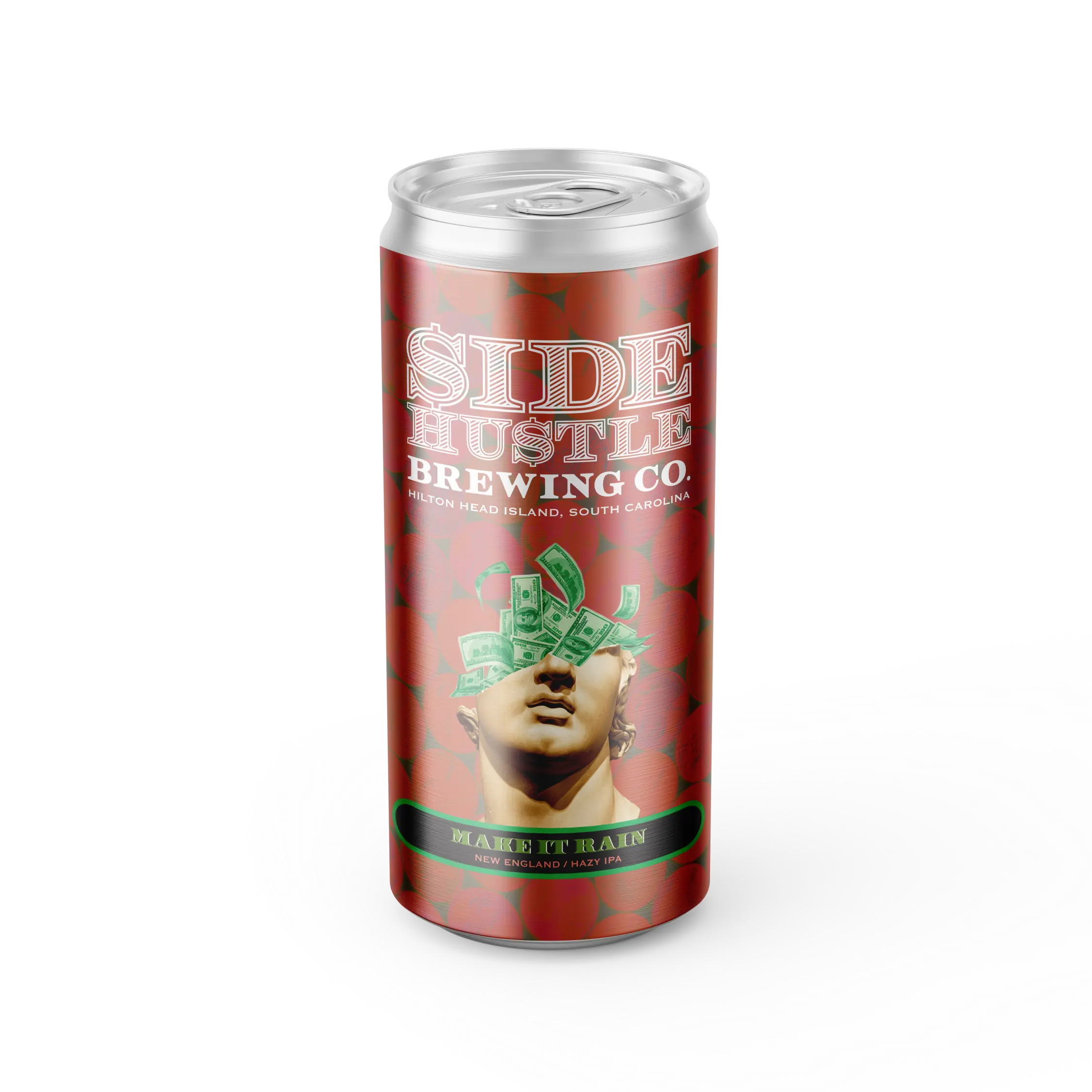 Side Hustle Brewing Co. Make It Rain hazy IPA can, featuring a classical bust with dollar bills covering its eyes.