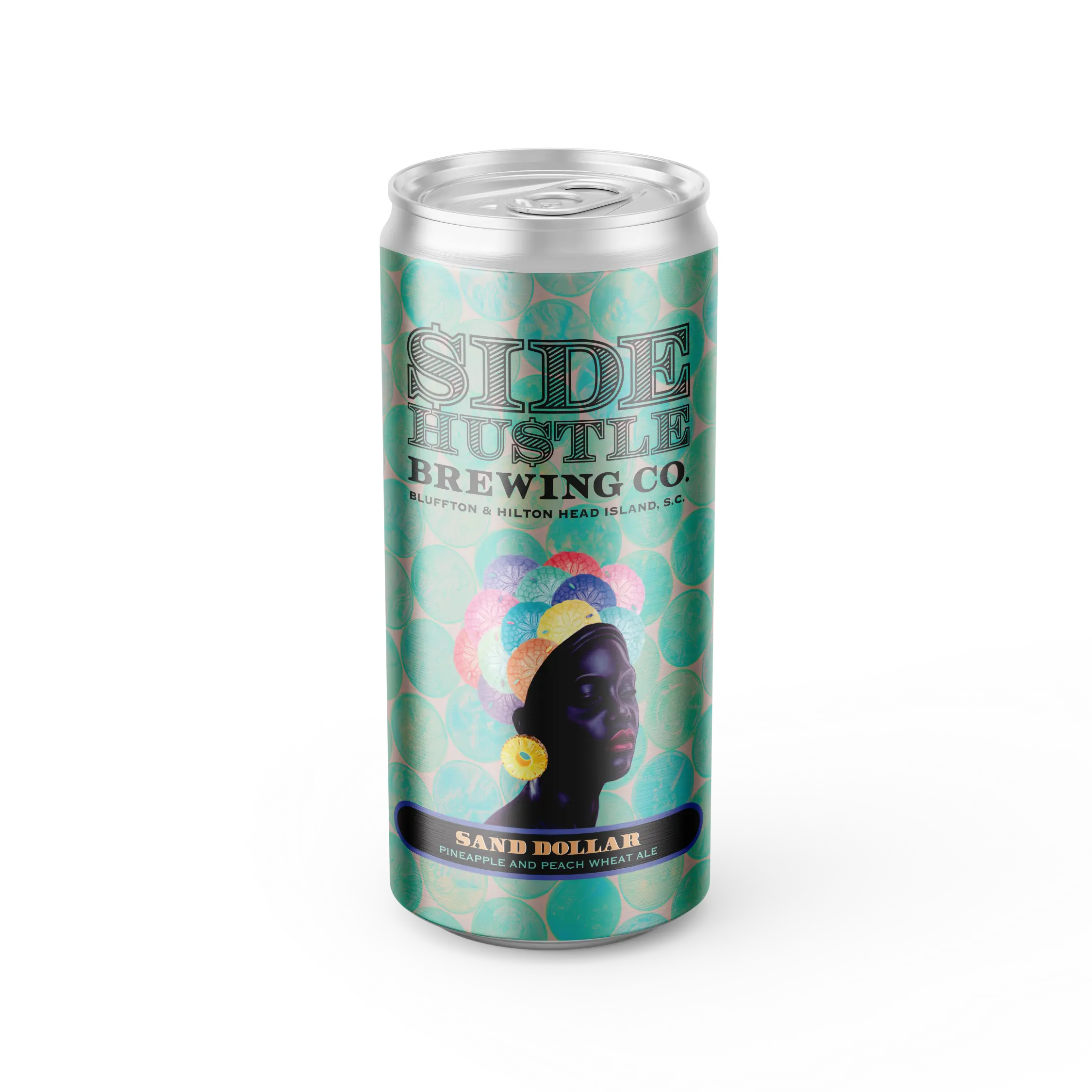 Side Hustle Brewing Co. Sand Dollar pineapple and peach wheat ale can, featuring a teal sand-dollar pattern and a silhouetted woman in a colorful headwrap.