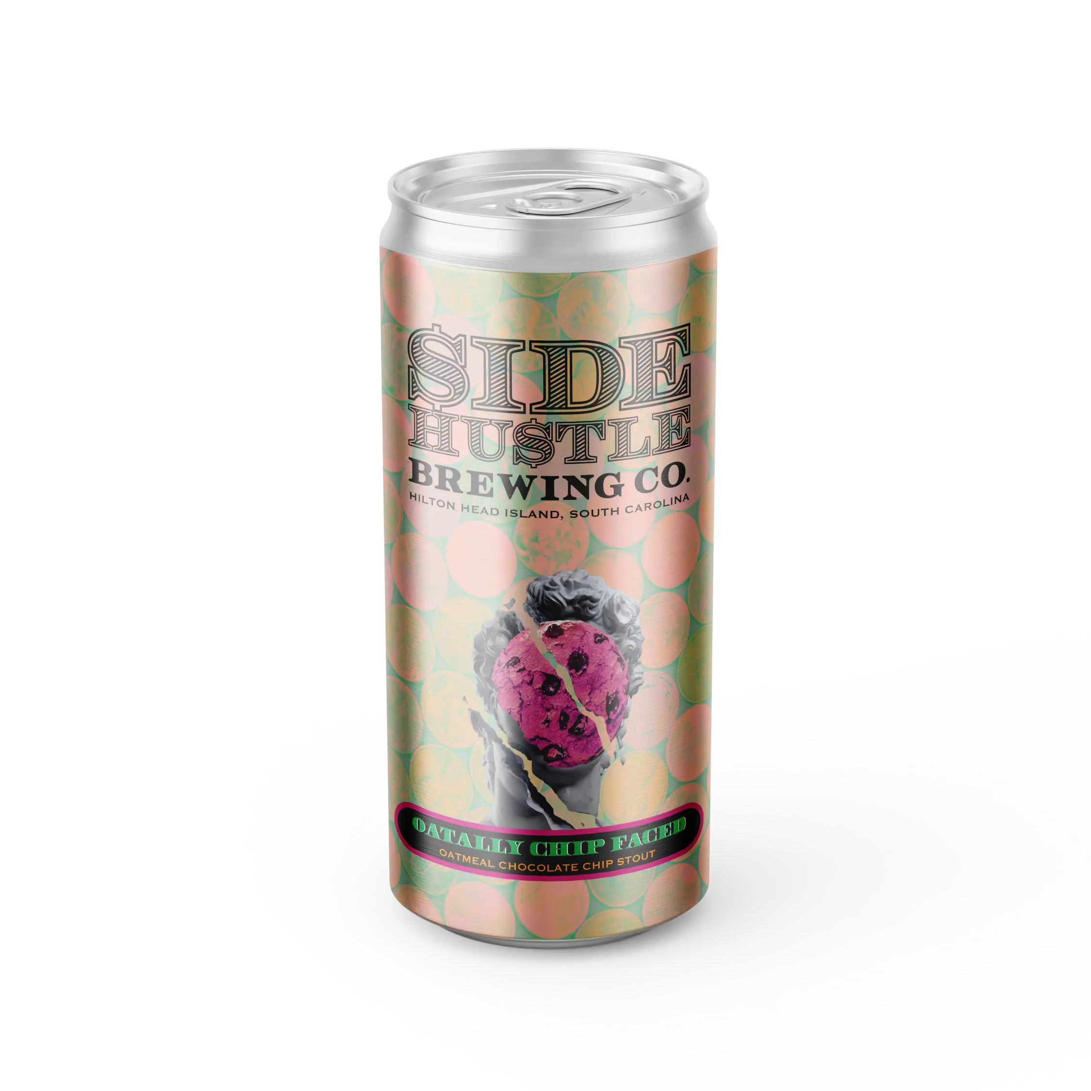 Side Hustle Brewing Co. Oatally Chip Faced oatmeal chocolate chip stout can, featuring a classical bust with a cracked, cookie-like pink head.