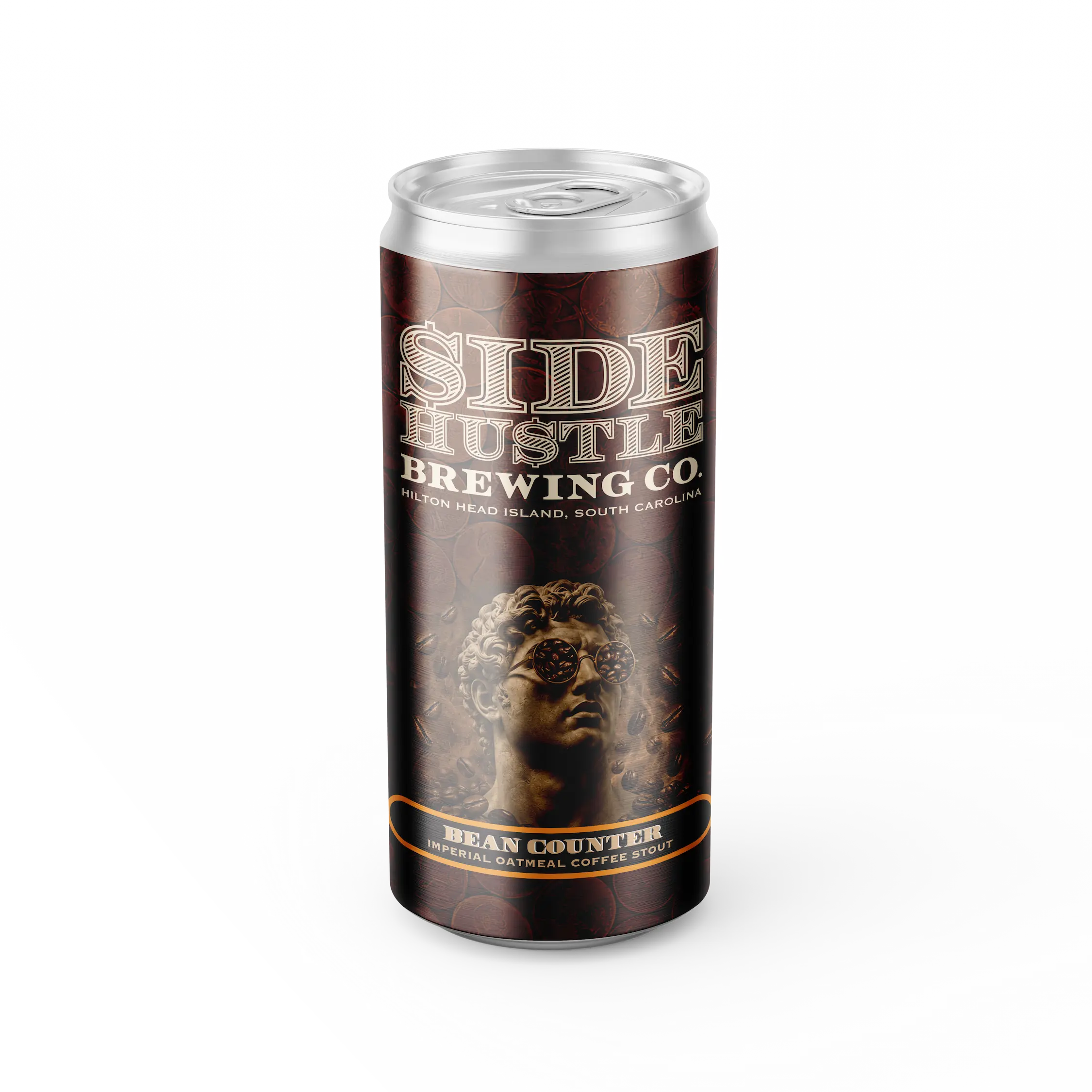 Product photo of a beer can from Side Hustle Brewing Co. (Hilton Head Island, South Carolina) labeled "Bean Counter," an imperial oatmeal coffee stout. The can has a dark brown background scattered with coins and coffee beans, featuring a bronze-toned classical bust wearing small round sunglasses.