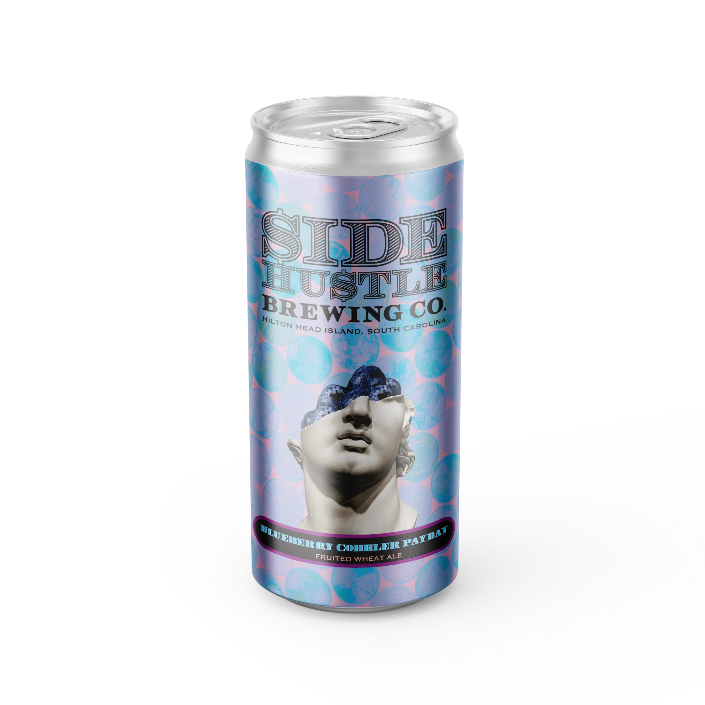 Product photo of a beer can from Side Hustle Brewing Co. (Hilton Head Island, South Carolina) labeled "Blueberry Cobbler Payday," a fruited wheat ale. The can has a lavender-and-teal polka-dot background and features a classical white marble bust with its eyes covered by a cluster of blueberries.