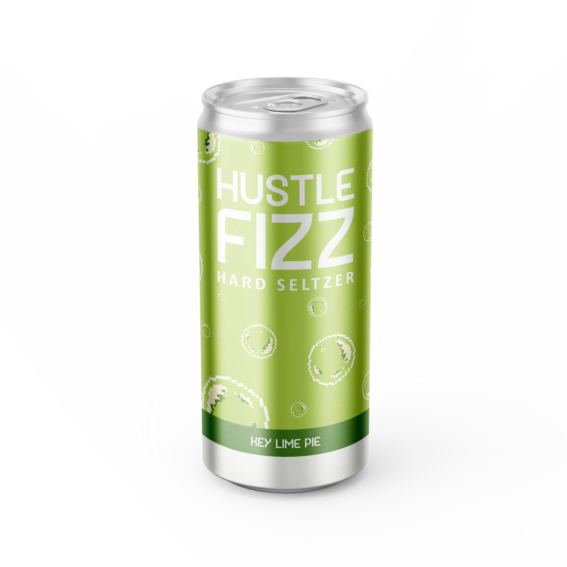 Product photo of a light green can of Hustle Fizz Hard Seltzer, Key Lime Pie flavor, decorated with a pixel-art pattern of lime slices and bubbles, with a dark green stripe near the bottom bearing the flavor name.