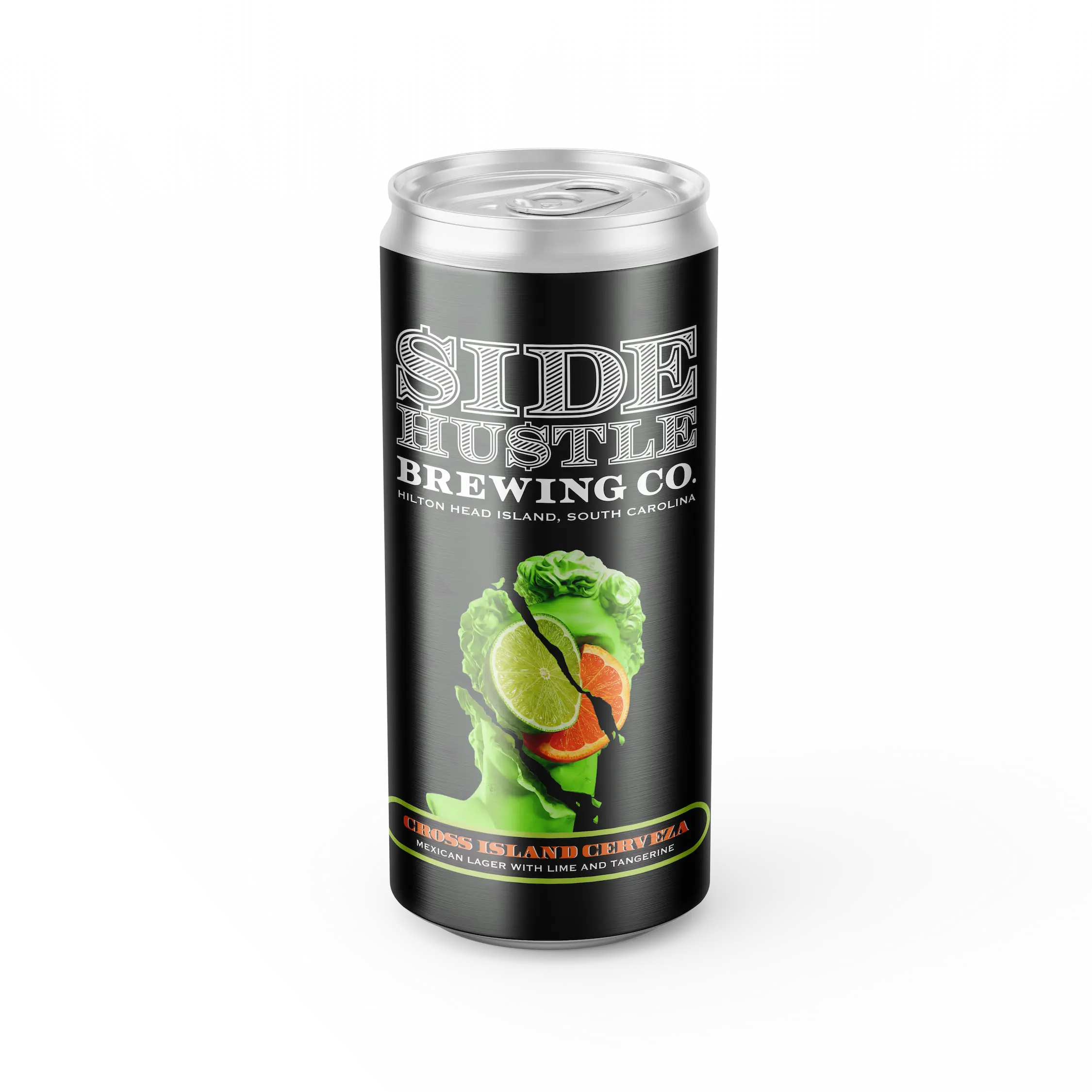 Side Hustle Brewing Co. Cross Island Crypto Mexican lager can, featuring a green classical bust with a crypto-style logo over its face.