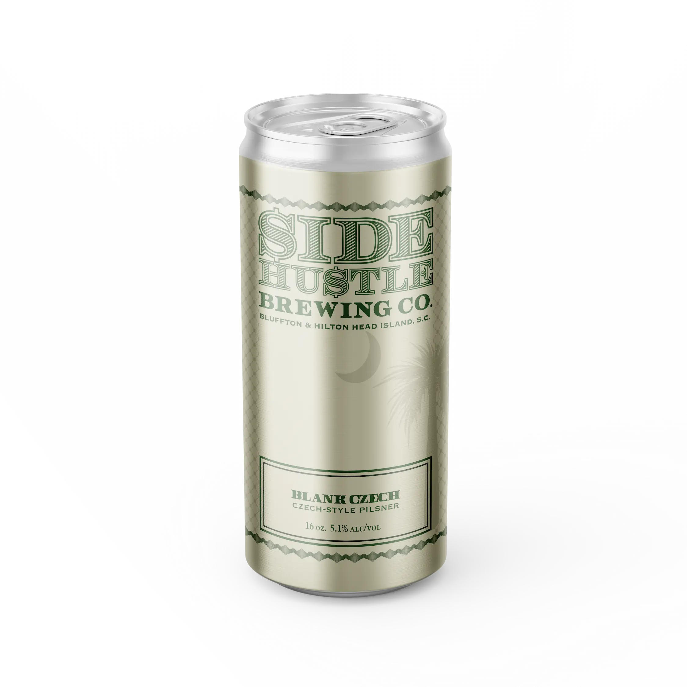 Side Hustle Brewing Co. Blank Czech Czech-style pilsner can, featuring a dapper pig in a top hat and monocle labeled 'Makin' Bacon.
