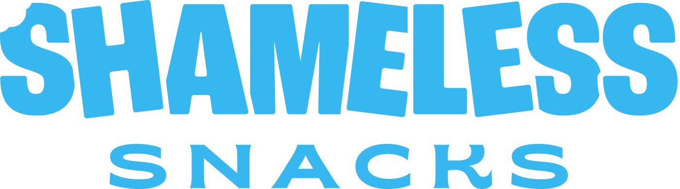 Blue text logo reading SHAMELESS SNACKS on a transparent background.
