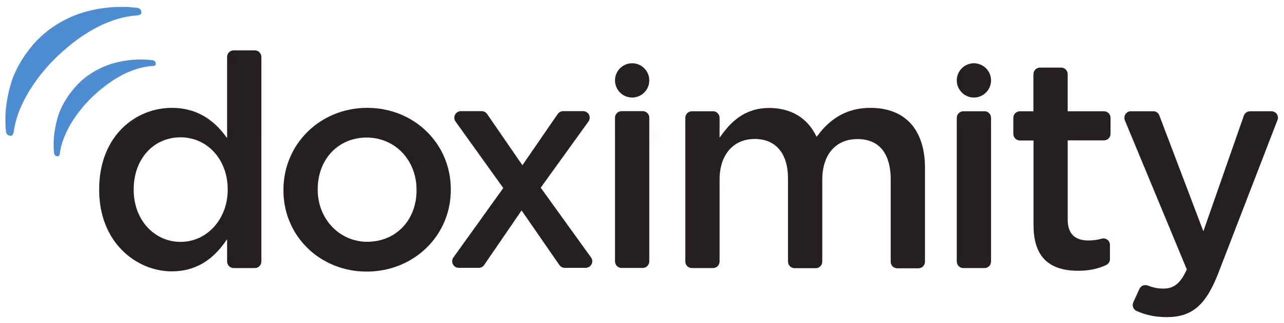 Doximity logo with black text and blue curved signal lines over the letter d.