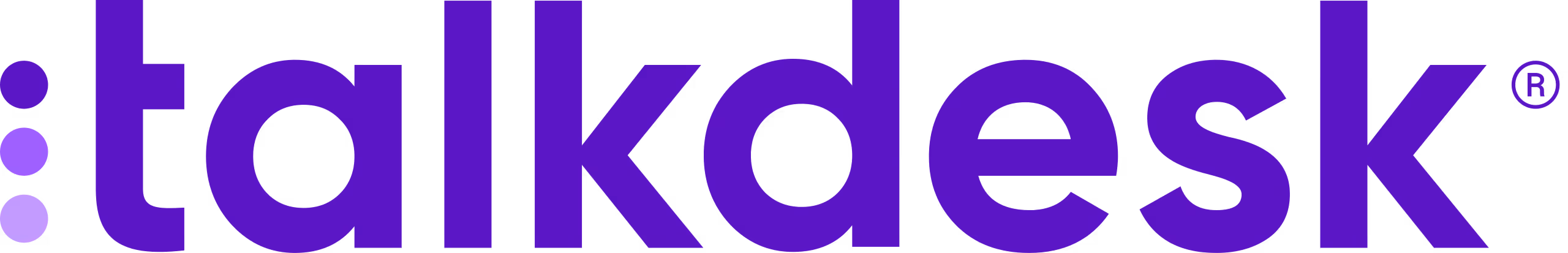 Talkdesk logo in purple with three dots on the left and registered trademark symbol