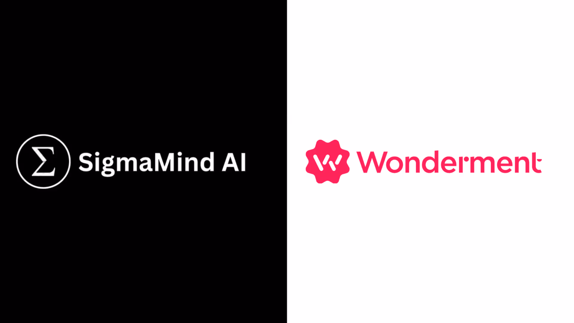 Side-by-side logos of SigmaMind AI in white on black and Wonderment in pink on white backgrounds.