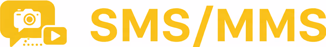 Yellow icon with camera, chat bubble, and play button next to bold text SMS/MMS.