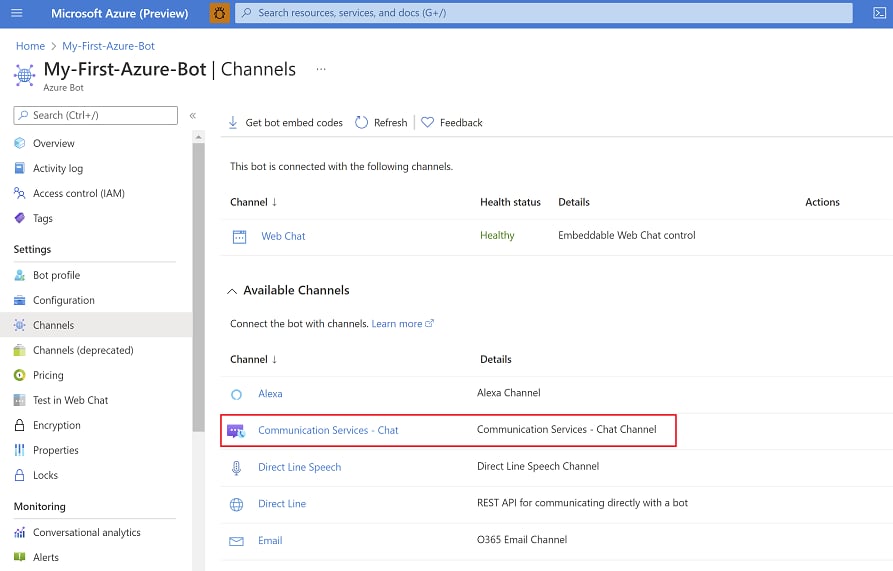 Microsoft Azure AI Bot Service Screenshot