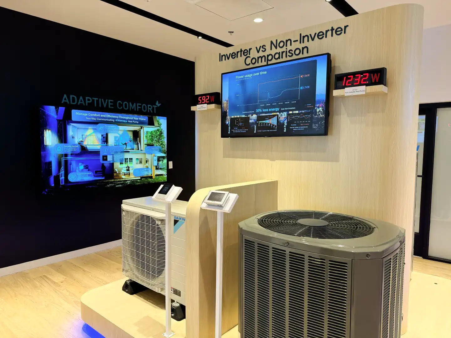 Daikin display comparing inverter and non-inverter air conditioning systems