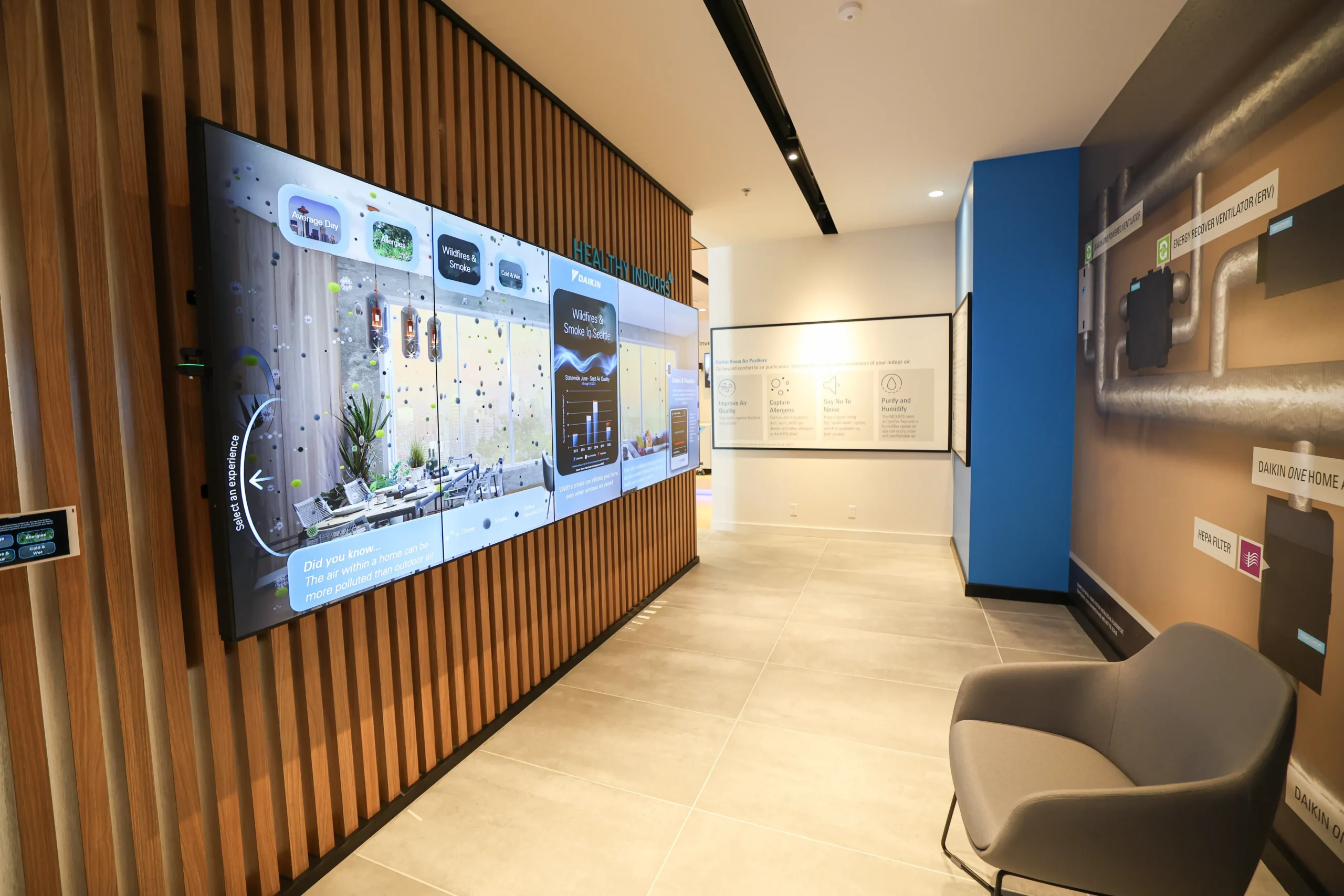 Modern digital display wall in minimalist office space with interactive screens