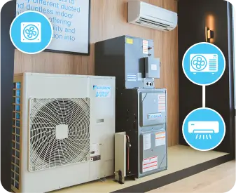 Air conditioning system with outdoor unit, indoor unit, and wall-mounted icons