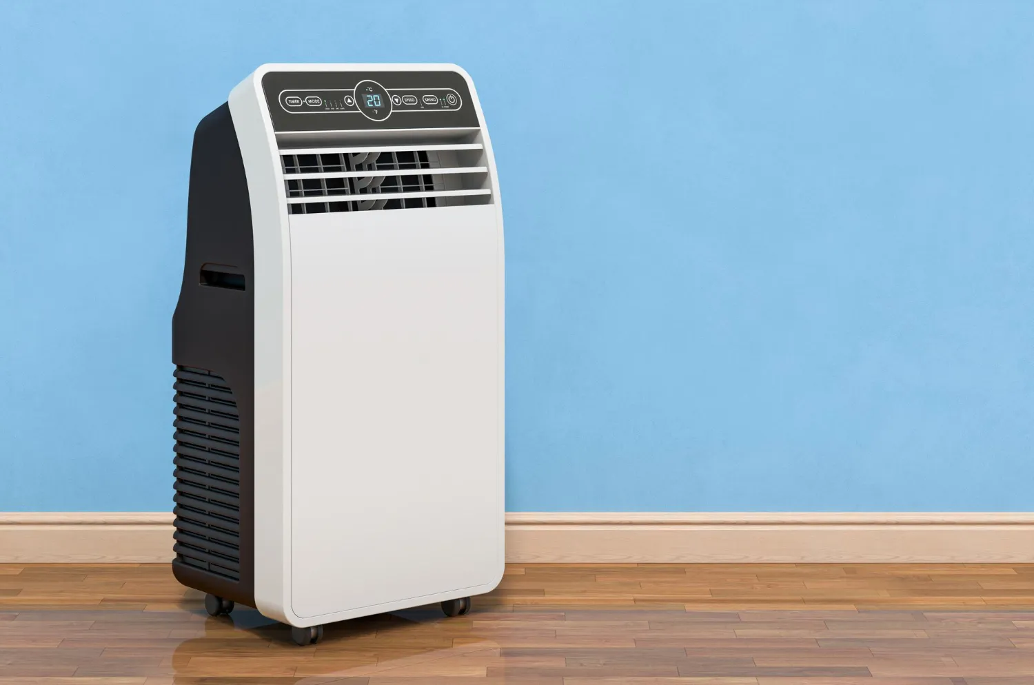 Portable white and black air conditioner on wooden floor