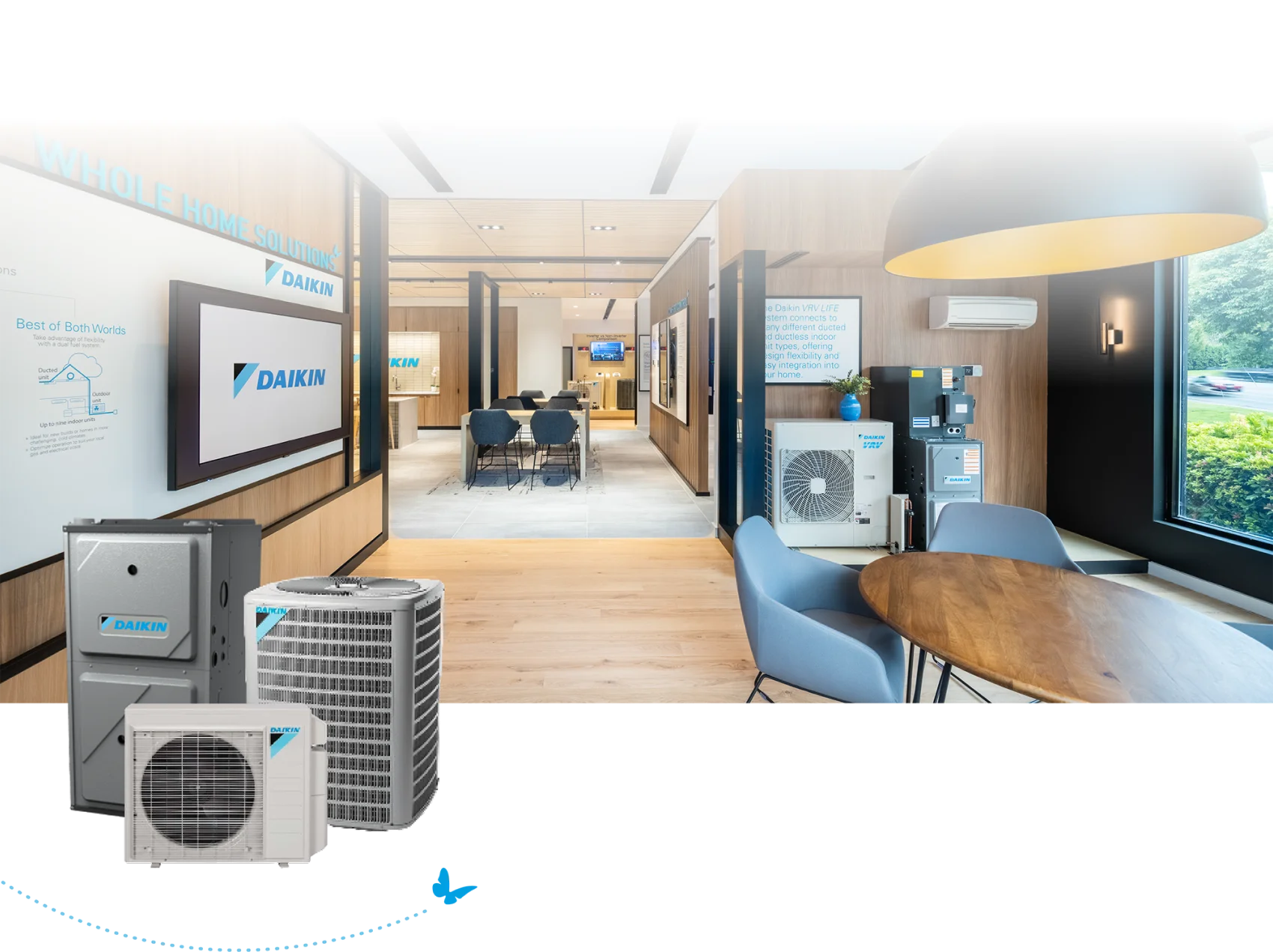 Daikin showroom displaying various air conditioning and HVAC units