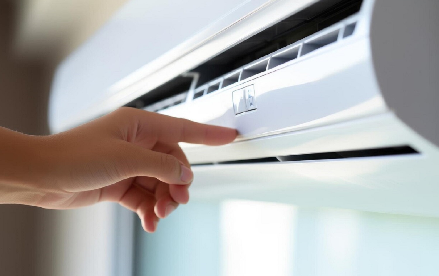 Hand adjusting white wall-mounted air conditioning unit