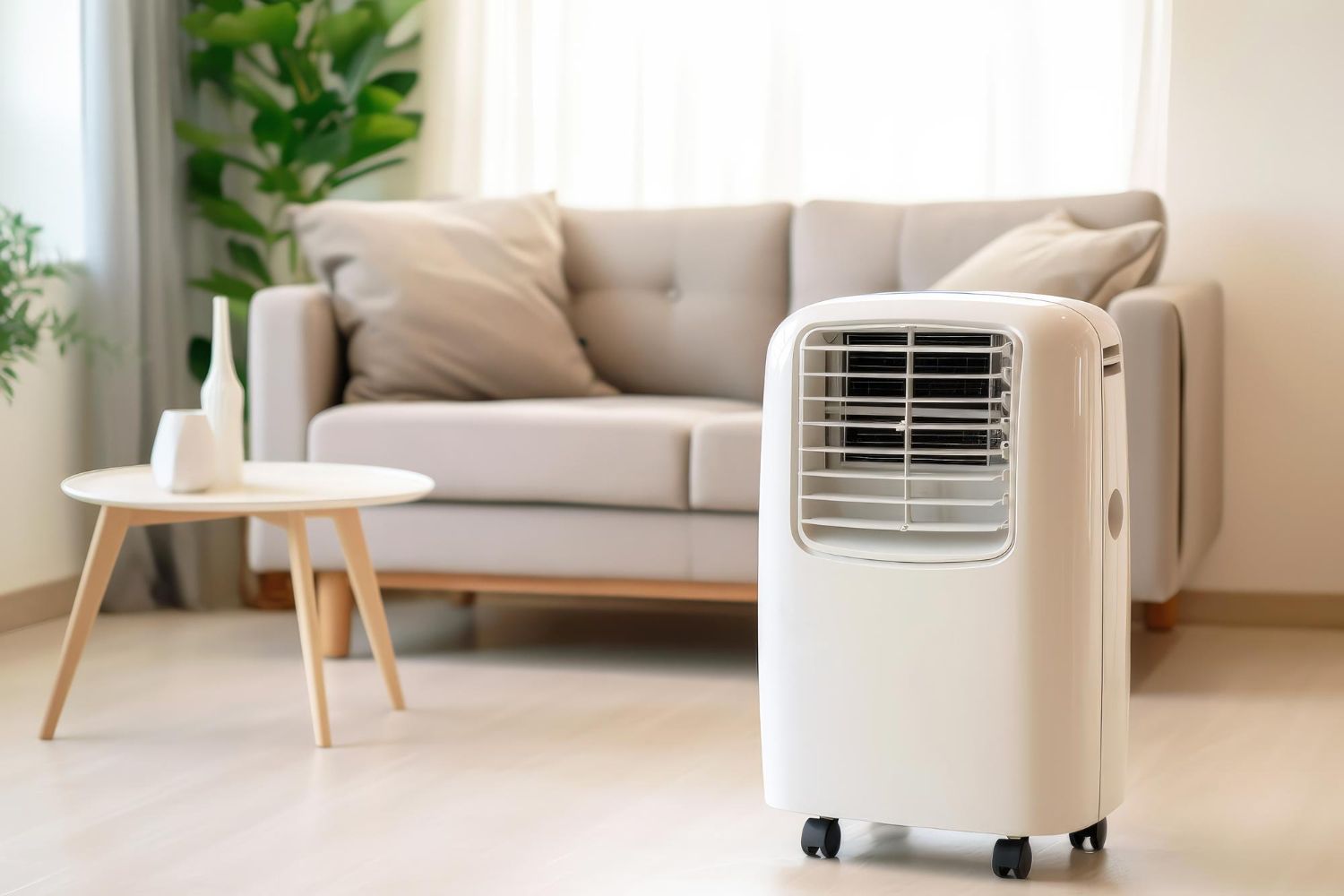 Portable air conditioner on wheels in minimalist living room with couch
