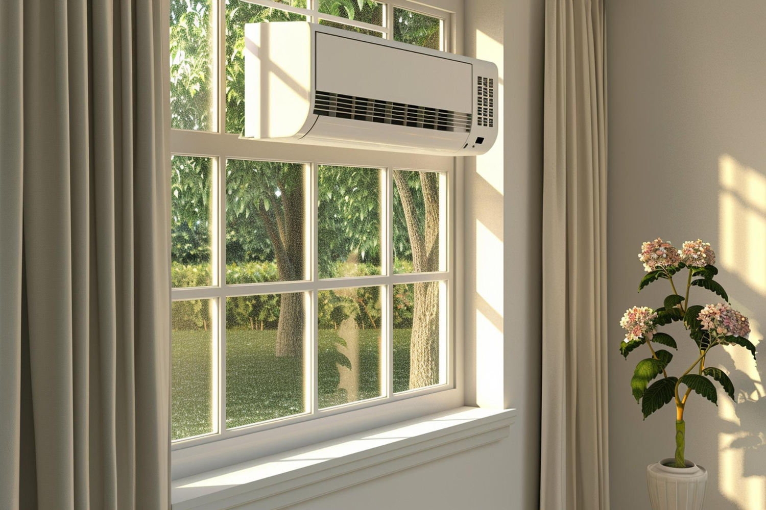 Air conditioner mounted above window with trees and flowering plant