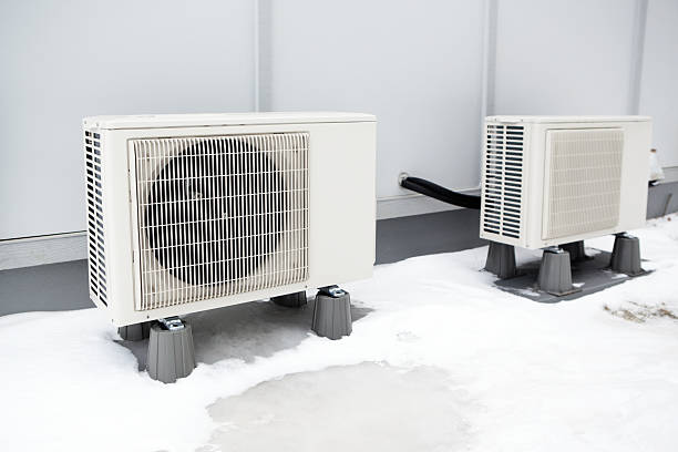 Two white air conditioning units installed on raised platforms outdoors
