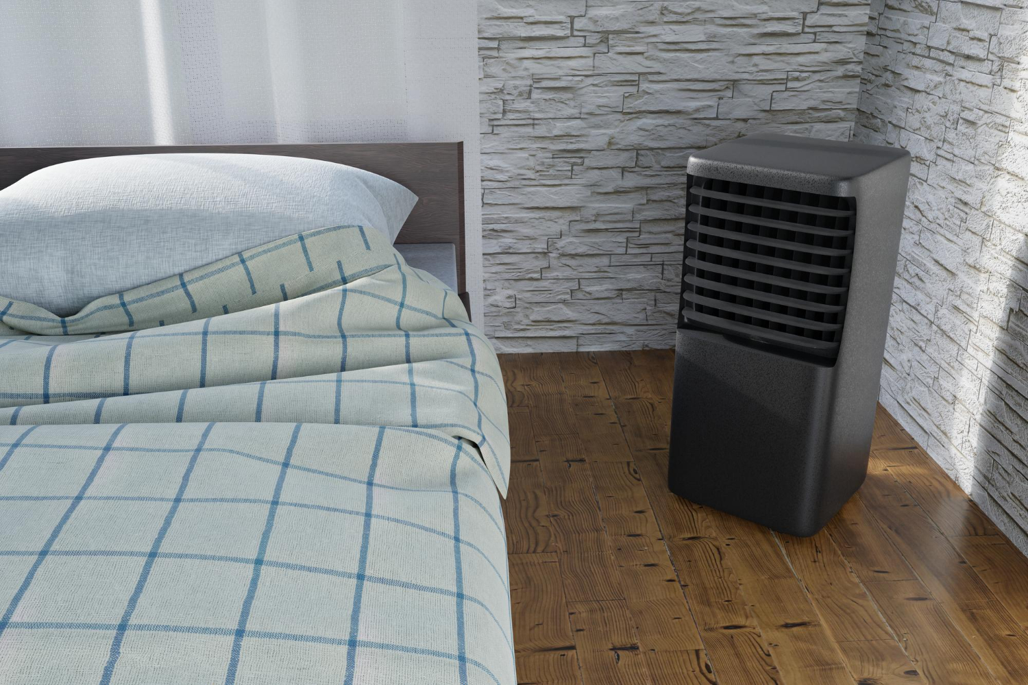 Bed with blue checkered bedding and portable air cooler
