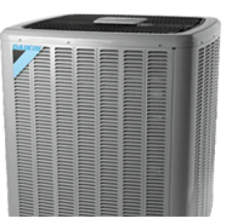 Grey outdoor air conditioning unit with metal vents and blue logo