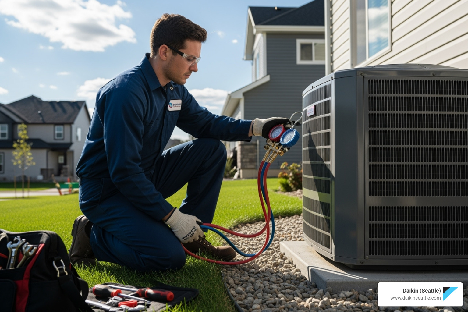 Technician checking air conditioning unit with pressure gauges outside home