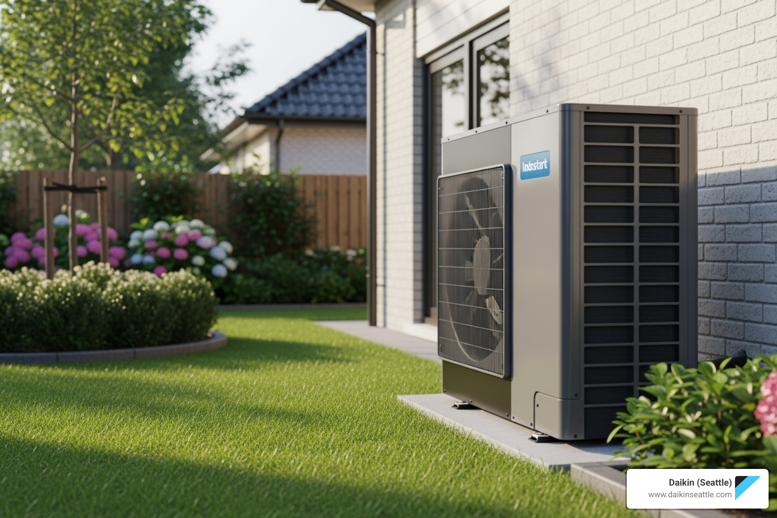Modern heat pump installed outside a house with manicured garden