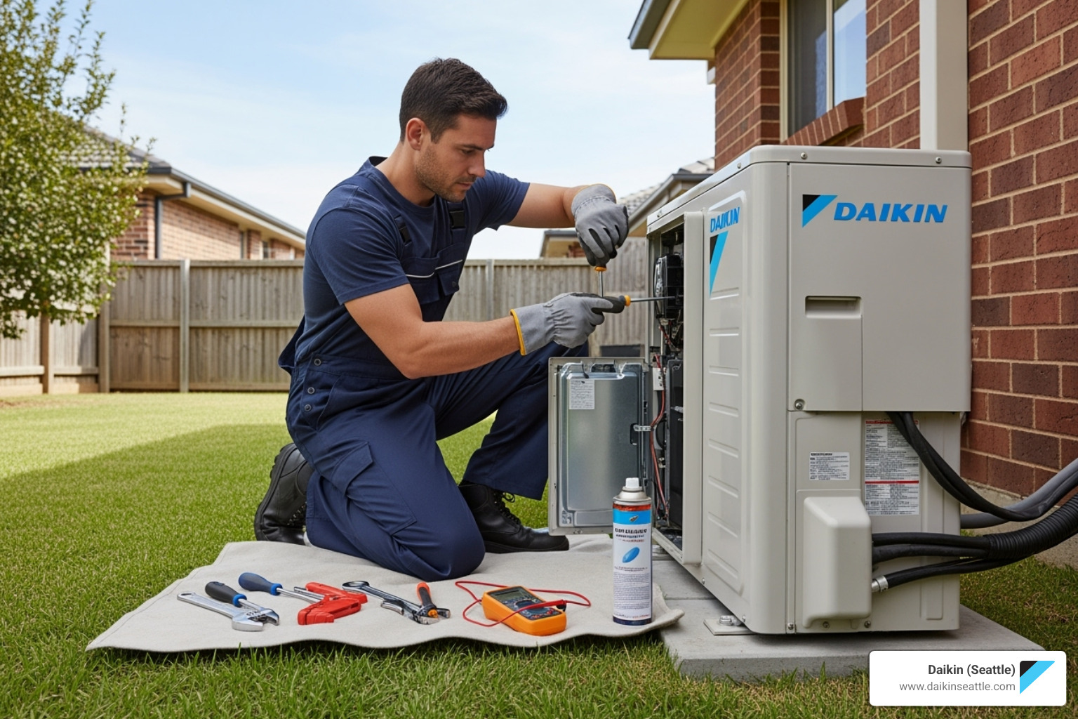 Technician repairing Daikin air conditioning unit with tools outdoors