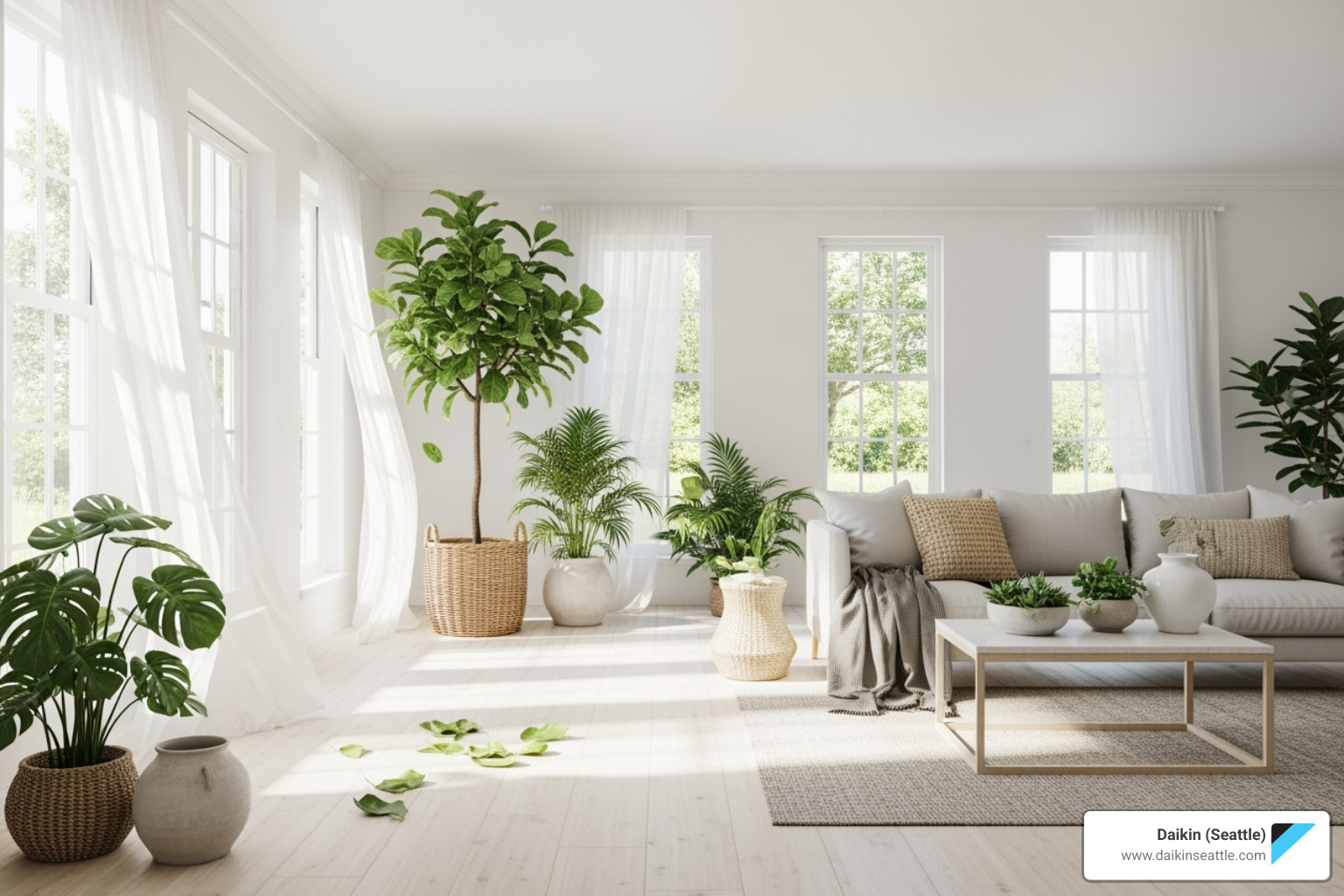 Bright living room with multiple green plants, white curtains, and neutral furniture