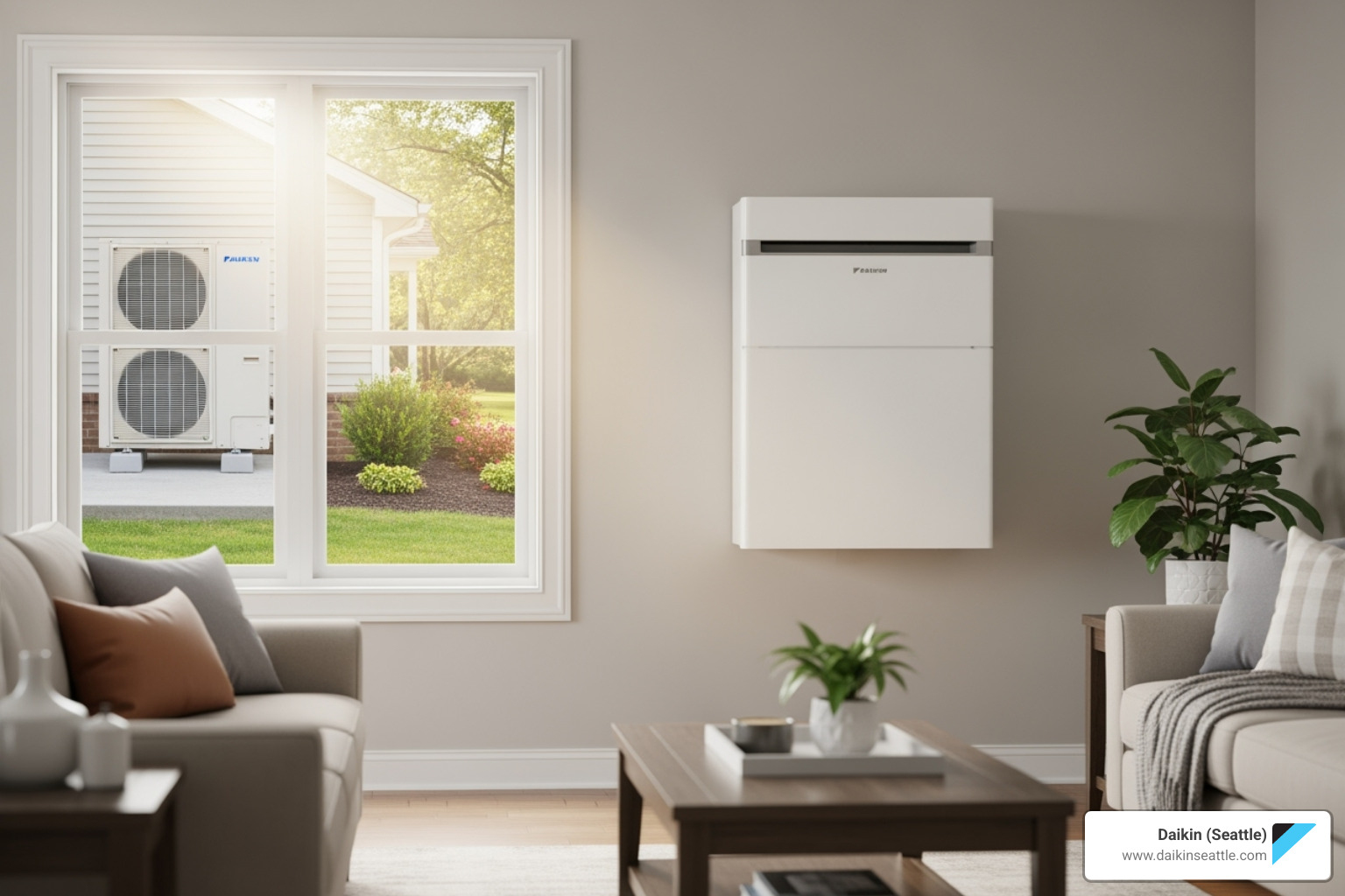 Daikin air conditioning unit in modern living room with sunny garden view
