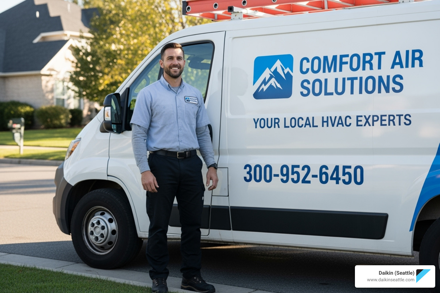 A friendly, professional HVAC technician with a company van - Furnace repair Seattle