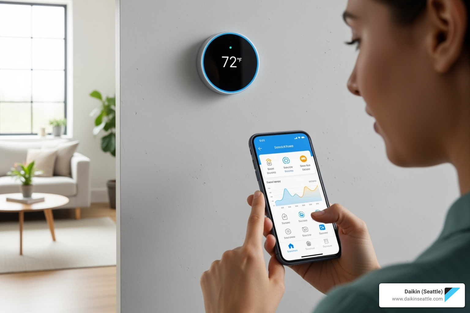 Image of a person adjusting a smart thermostat using their smartphone - Indoor comfort solutions