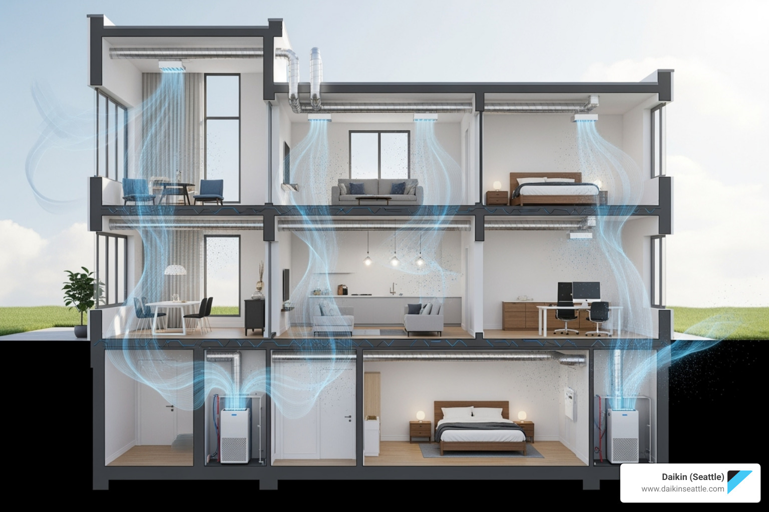 Image illustrating the flow of clean air through a home's ventilation and purification system - Indoor comfort solutions