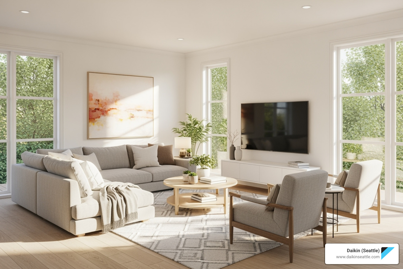 Bright living room with gray sofa, chairs, art, and large windows