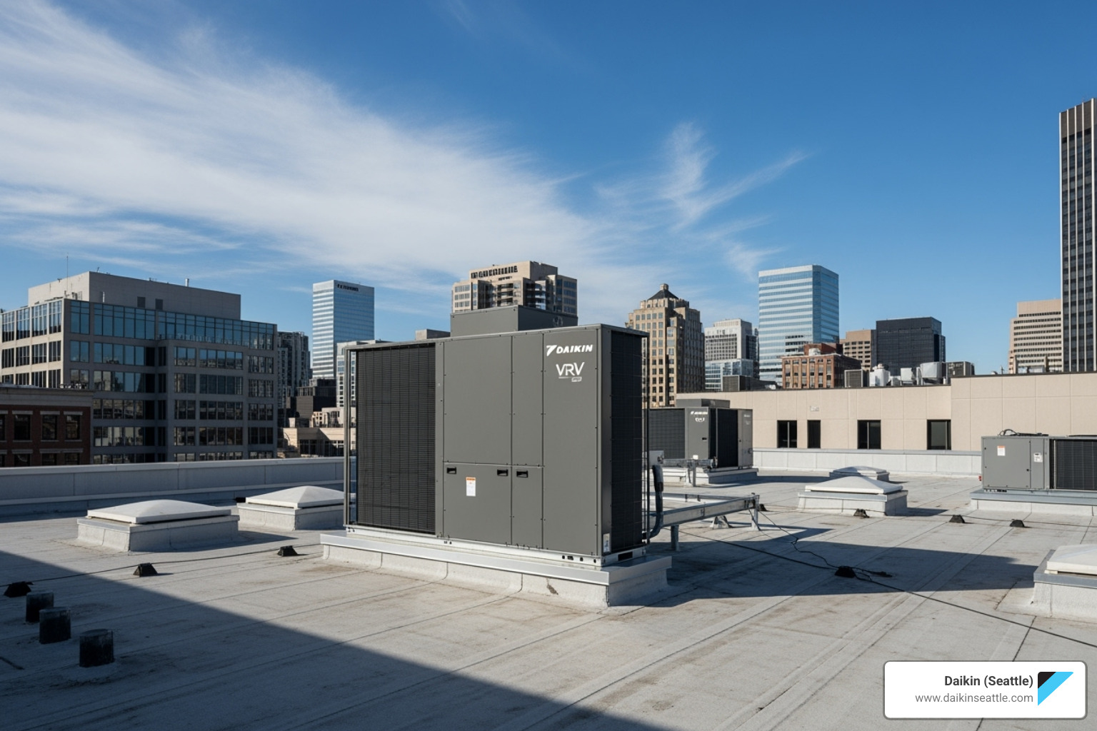 Daikin VRV HVAC unit on urban rooftop with city skyline background