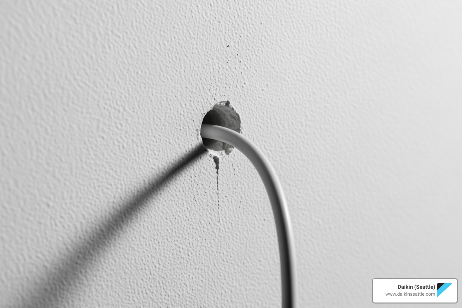 Close-up of a small, precisely drilled hole in a wall, with a conduit line emerging, illustrating the minimal invasiveness of ductless AC installation - Ductless AC benefits