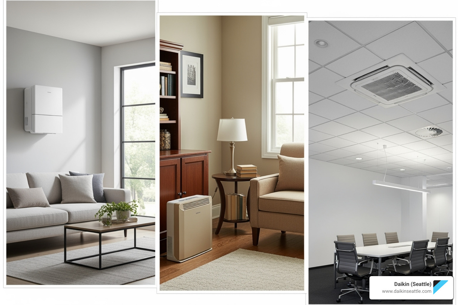 Collage showing various indoor ductless unit styles: a sleek white wall-mounted unit in a modern living room, a compact floor-mounted unit nestled beside furniture, and a discreet ceiling cassette integrated into a ceiling tile - Ductless AC benefits